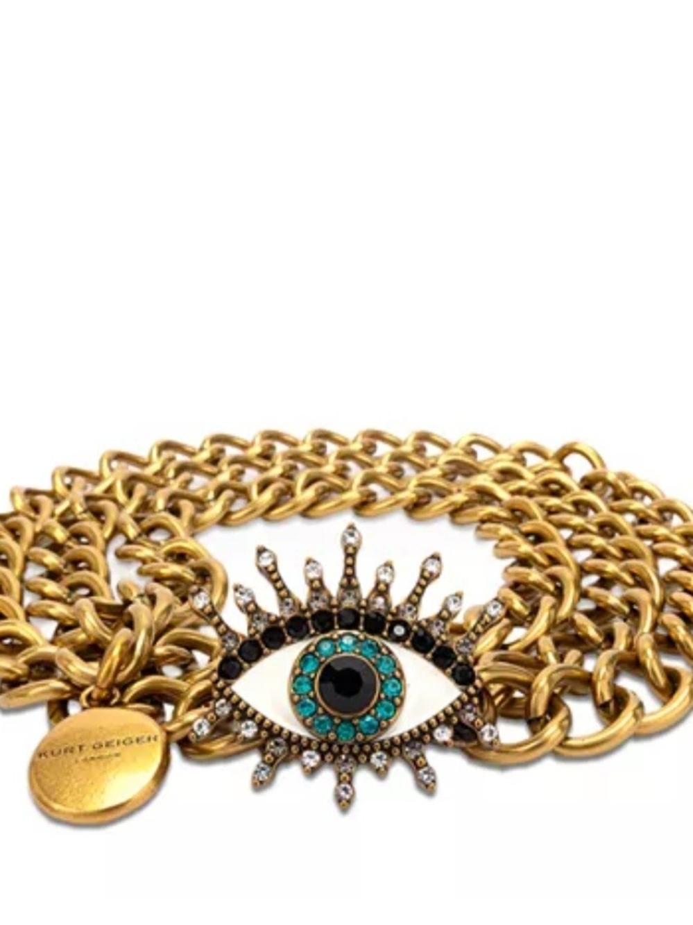 Kurt Geiger Gold Eye Charm Chain Belt with Teal Accent - Picture 2 of 4